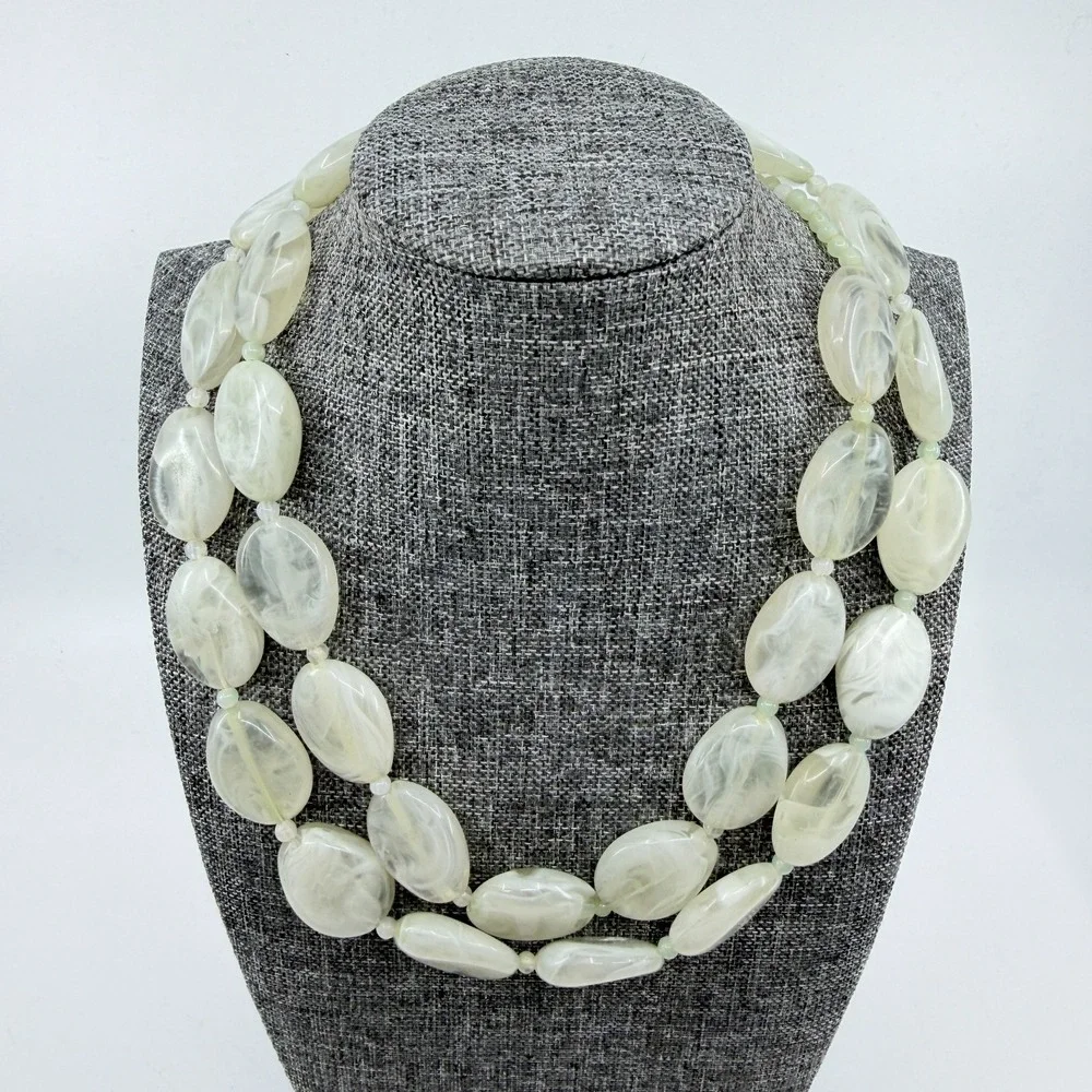 Pale Green Translucent Marbled Bead Double Strand Necklace Statement Jewelry